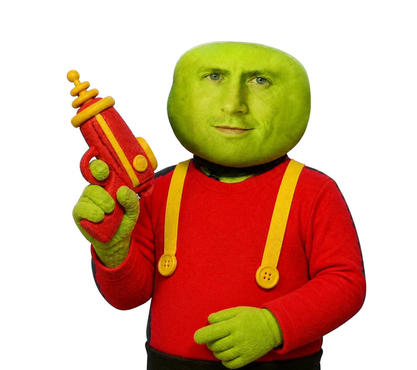 Todd Pepe handmade puppet holding a foam ray gun