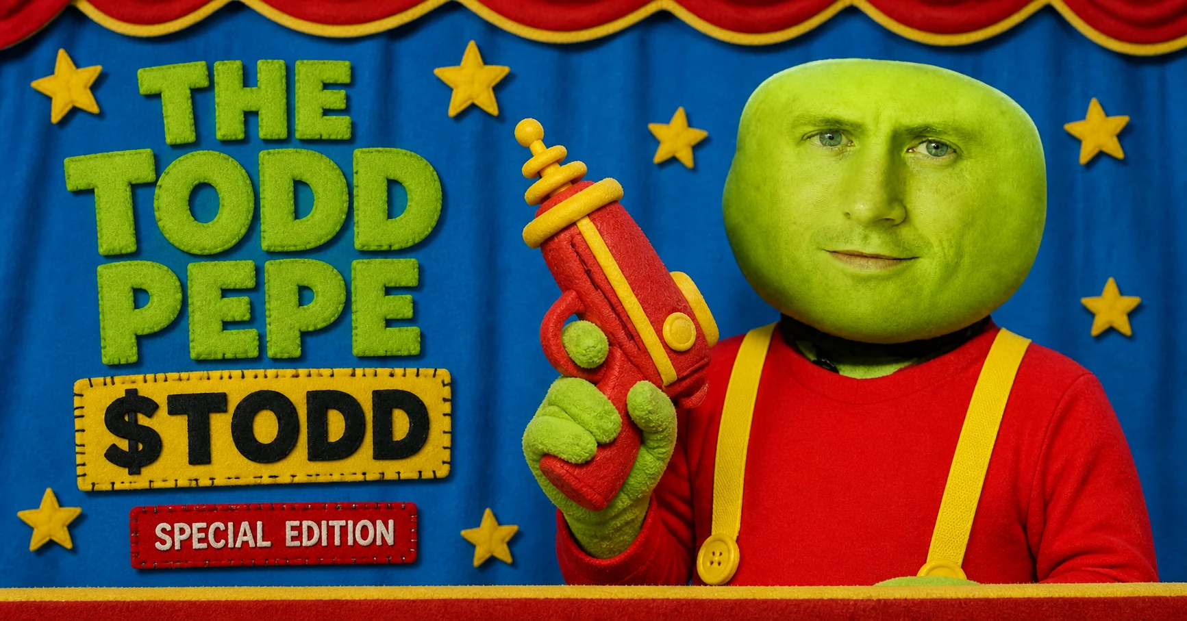 Todd Pepe puppet holding a red and yellow foam ray gun